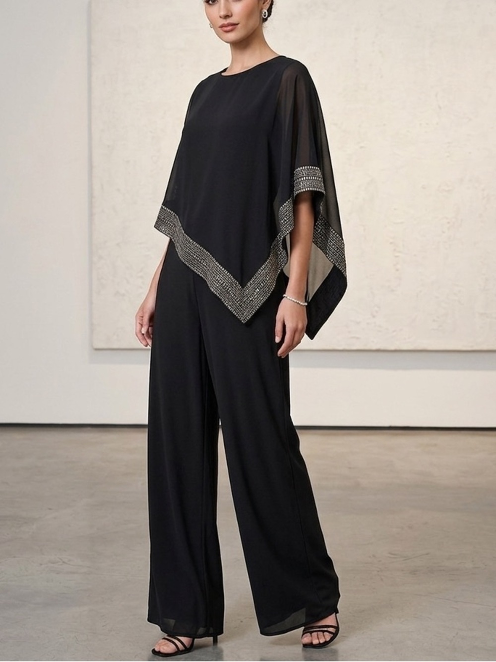 Ignite Evenings Embellished Overlay Jumpsuit Black Size 14P Petite